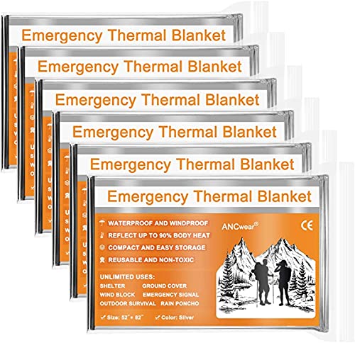 ANCwear Paquete de 6 mantas de emergencia de Mylar térmicas, manta espacial de 132 x 208 cm para exteriores, senderismo, supervivencia o primeros auxilios