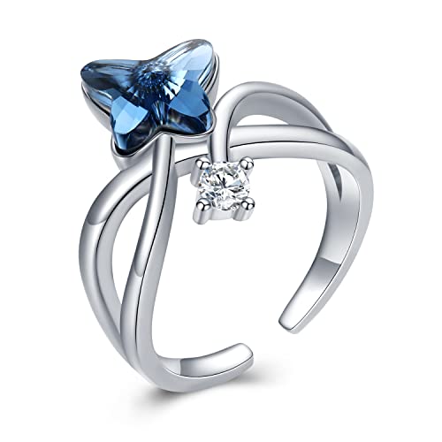 Anillo de mariposa de plata de ley 925, anillo de mariposa de cristal azul, anillo de cristal ajustable, regalo de joyería de mariposa para mujer, amante de la esposa, novia
