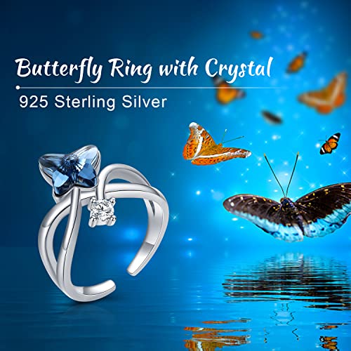 Anillo de mariposa de plata de ley 925, anillo de mariposa de cristal azul, anillo de cristal ajustable, regalo de joyería de mariposa para mujer, amante de la esposa, novia