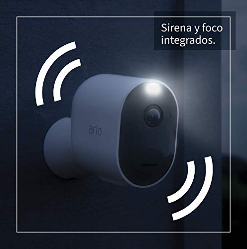 Arlo Pro3, 4 cámara vigilancia wifi 2K, faro y sirena, detector de movimiento, visión nocturna en color, audio bidireccional, con una prueba gratuita de 90 días de Arlo Secure, Blanco