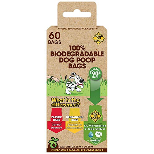 Bags on Board Bolsas para caca de perro 100% biodegradables y compostables - 60 unidades