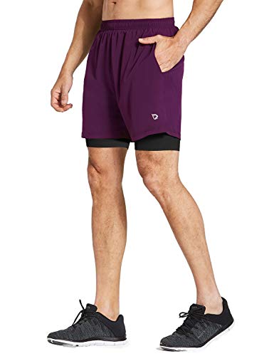 BALEAF Pantalones cortos deportivos 2 en 1 para hombre de 5 pulgadas de secado rápido con forro y bolsillo con cremallera, suave, S, Púrpura/Negro