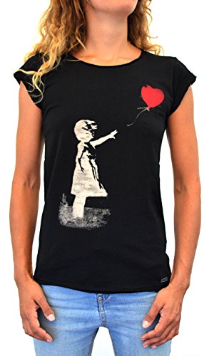 Banksy Balloon Girl Faces T-Shirt Mujer Made IN Italy Impresión del Manual de la Pantalla de Agua (XL Mujer)