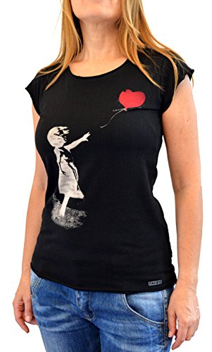 Banksy Balloon Girl Faces T-Shirt Mujer Made IN Italy Impresión del Manual de la Pantalla de Agua (XL Mujer)
