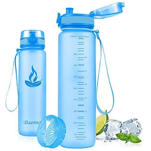 Baomay Botella de Agua Deportiva 1000ml, Adultos/Niños Bottle con Filtro, Bidon de Bebidas Plástico Tritan, para Gimnasio, Ciclismo, Trekking | Sin-BPA & Impermeable & Reutilizable (Azul)