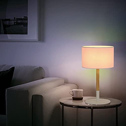 BarcelonaLED Lámpara de mesa nórdica blanca con base de aluminio, cuerpo de madera y pantalla de tela, casquillo para bombilla LED E27 sobremesa escritorio salón mesita de noche