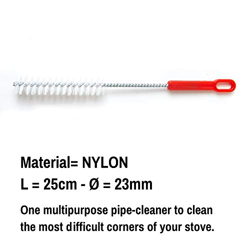 BARETTO Kit de limpieza para estufa de pellet - Extensión de 10 metros, curva máxima de 90 ° - 3 cepillos de nailon (1 de 80mm, 1 de 100mm y 1 de 120mm)