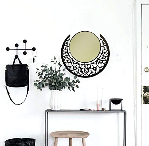 BAUPOR - Espejo de pared de metal redondo de media luna con diseño único, espejo decorativo para entradas, sala de estar, baños y oficina, obras modernas de arte de pared, marco negro de 50 x 50 cm