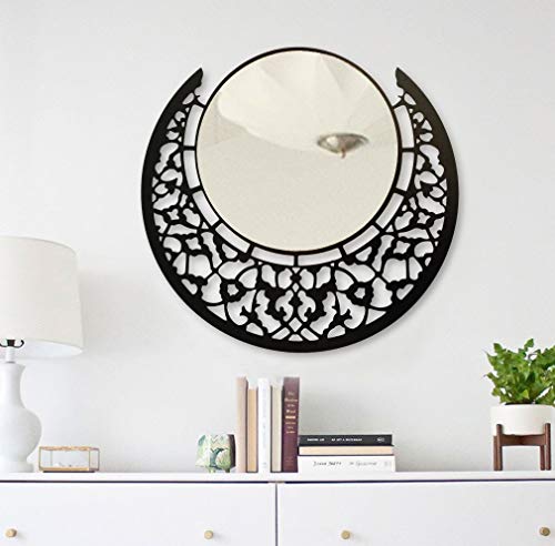 BAUPOR - Espejo de pared de metal redondo de media luna con diseño único, espejo decorativo para entradas, sala de estar, baños y oficina, obras modernas de arte de pared, marco negro de 50 x 50 cm