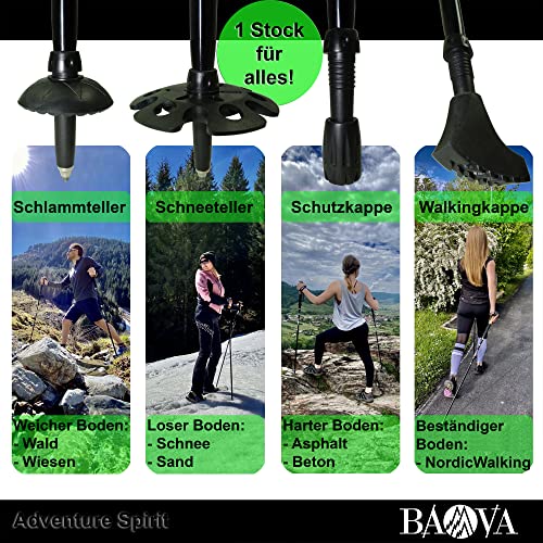 BAVA - Bastones de senderismo (altura regulable, 110-125 cm, ultraligeros, 4 cabezales de goma, aluminio 7075)