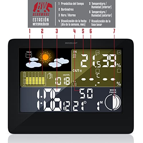 Bearware - Estación meteorológica con sensor externo - Señal DCF - Temperaturay humedad interior y exterior - Barómetro - Pronóstico del tiempo - Alarma