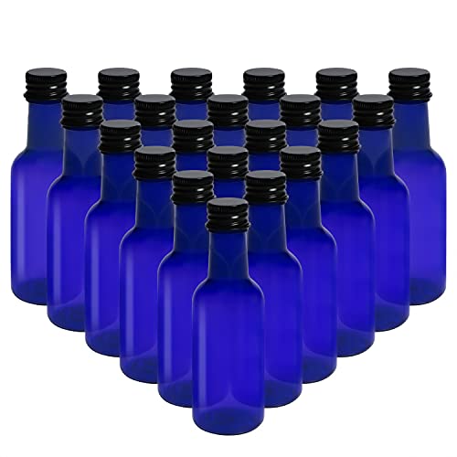 Belle Vous Botellas de Licor Miniatura Azules (Pack de 24) Botella Reutilizable de Plástico 50 ml Vacías - Tapa Negra de Rosca y Embudo Verter y Llenar – Mini Botellas Licor, Bodas y Fiestas