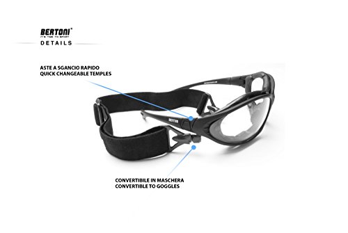 BERTONI Gafas para Moto Patillas Sustituibles con Banda Elastica - Suplemento Antiviento Removible - Mod. FT333B