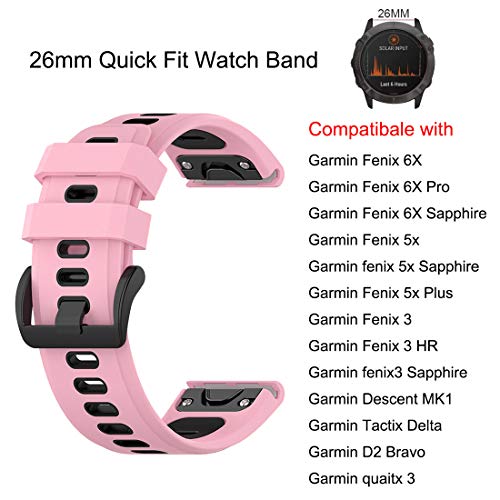Bexido Compatible con Garmin Fenix 6X/Fenix 6X Pro/Fenix 5X/Fenix 5X Plus/Fenix 3/Fenix 3 HR Correa de silicona Sport de 26 mm de ajuste rápido para reloj inteligente Garmin
