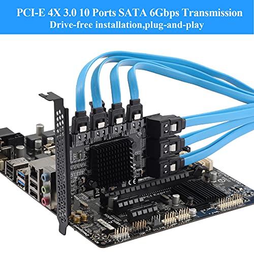 BEYIMEI Tarjeta PCIE 4X a SATA III de 10 Puertos, Tarjeta de Expansión SATA 3.0 PCI Express de 6 Gbit/s con 10 Cables, Tarjeta Controladora SATA para Windows 8/10 / Ubuntu, Non Raid(ASM1166+JMB575)