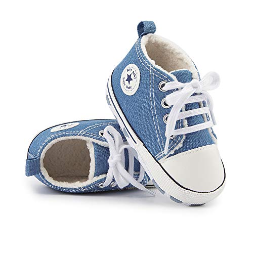 BiBeGoi Zapatillas de lona para bebés y niñas, con cordones, para recién nacidos, primeros caminantes, zapatos para cuna, A01 Little Blue With Fleece, 6-12 meses