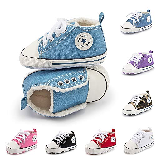 BiBeGoi Zapatillas de lona para bebés y niñas, con cordones, para recién nacidos, primeros caminantes, zapatos para cuna, A01 Little Blue With Fleece, 6-12 meses