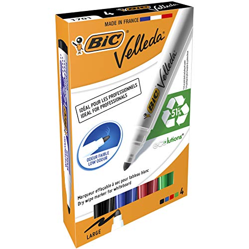 BIC Whiteboard Marker Velleda 1701 Ecolutions Rotuladores de Pizarra Punta Media – Colores Surtidos, Blíster de 4 Unidades