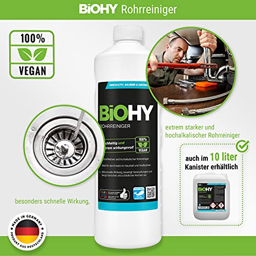 BiOHY Desatascador (1 botella de 1 litro) | Líquido, limpiador de desagües altamente concentrado | Inodoro, Para todos los bloqueos | EXTRA FUERTE. (Rohrreiniger)