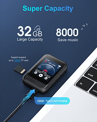 Bluetooth 5.0 Reproductor MP3, 32GB Portátil HiFi Reproductor de Música con Altavoz Interno, Radio FM, Voice Recording, Táctil Completa, Soporte hasta 128 GB