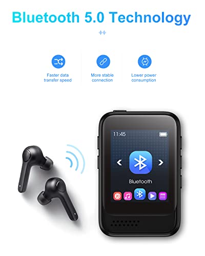 Bluetooth 5.0 Reproductor MP3, 32GB Portátil HiFi Reproductor de Música con Altavoz Interno, Radio FM, Voice Recording, Táctil Completa, Soporte hasta 128 GB