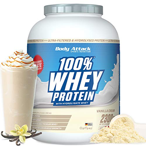 Body Attack- 100% Whey Protein, 2,3 kg, Vainilla, proteína en polvo extra cremosa con hidrolizado y BCAA's, apoya el desarrollo muscular y las dietas, para todos los atletas