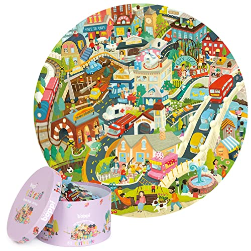 boppi puzle circular de la ciudad hecho de cartón 100 % reciclado, animales, vehículos, edificios y gente, para niños de 3, 4, 5, 6, 7 y 8 años, 58 cm de diámetro