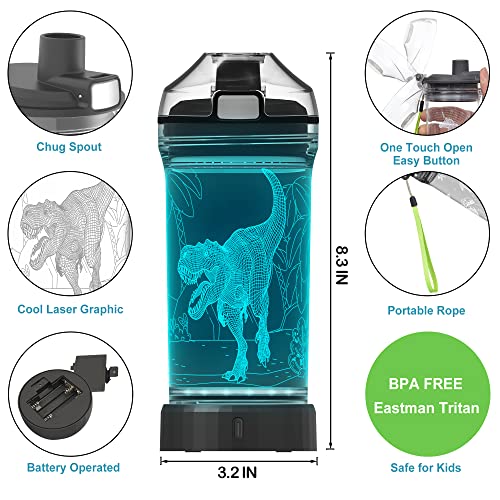 Botella de agua para niños con luz LED de dinosaurio 3D – 14 oz Tritan libre de BPA – Taza de viaje ideal creativa regalo de dinosaurio para la escuela, niño, niño, vacaciones, camping, picnic