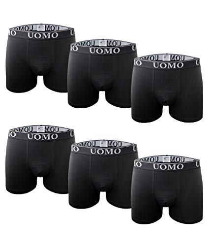 Boxers de Algodón Básicos Ajustados de Color Negro, Cómodos y Suaves. Pack de 6 Calzoncillos. Colección UOMO (Pack Negro, M)