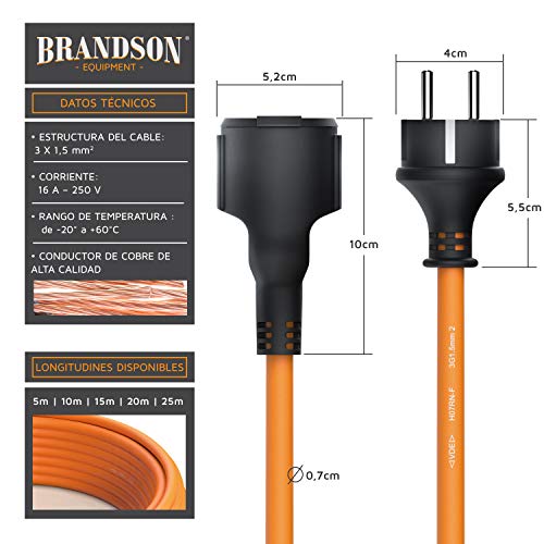 Brandson - Cable alargador Schuko 20m para Exteriores - MAX 3500 W - IP44 - Enchufe con Tapa Protectora - Cobre Revestimiento Flexible de Goma - Resistente a Lluvia Impactos, aceites, UV