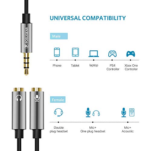 Cable Divisor de Audio para micrófono, POSUGEAR 3.5 mm Macho a 2 Dual 3.5 mm Hembra Oro Chapado en Oro Compatible con iPod, Auriculares,Teléfonos móviles, Reproductores de Xbox One, PS4, PC y MP3