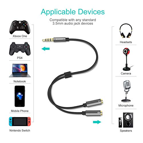 Cable Divisor de Audio para micrófono, POSUGEAR 3.5 mm Macho a 2 Dual 3.5 mm Hembra Oro Chapado en Oro Compatible con iPod, Auriculares,Teléfonos móviles, Reproductores de Xbox One, PS4, PC y MP3