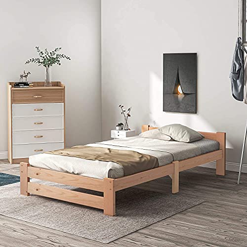 Cama infantil de 90 x 200 cm, cama de madera maciza con estructura de cama futón de madera maciza natural con cabecero y somier, cama juvenil (90 x 200 cm)