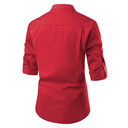 Camisa Negocios Hombre Transpirable Slim Fit Color Sólido con Cuello En V Hombre Camisa Casual Botones Básicos Verano Hombre Camisa Cuello Alto Manga Larga Hombre Camisa Henley C-Red XL
