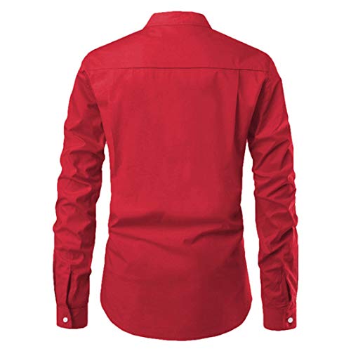 Camisa Negocios Hombre Transpirable Slim Fit Color Sólido con Cuello En V Hombre Camisa Casual Botones Básicos Verano Hombre Camisa Cuello Alto Manga Larga Hombre Camisa Henley C-Red XL