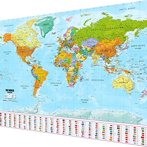 Cartel XXL del mapamundi en tamaño gigante con banderas y estandartes - Calidad superior (140x100cm)