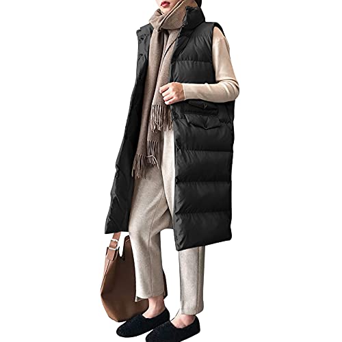 Chaleco de plumas para mujer, largo, con capucha, sin mangas, cálido, acolchado, con bolsillos, para exteriores