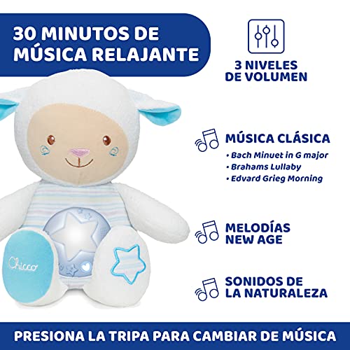 Chicco Oveja Dulces Nanas, Proyector de Luces con Música Relajante, Luz de Noche, Grabación de Voz y Sensor de Sueño – Peluche para Bebés Recién Nacidos, Color Azul