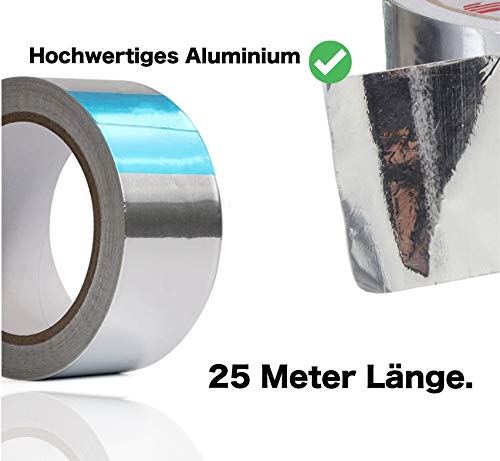 Cinta adhesiva de aluminio plateada de 25 metros Cinta de sellado como cinta de reparación Cinta de aluminio Cinta adhesiva de aluminio autoadhesiva y resistente al calor (1x)