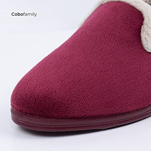 CoboFamily Zapatillas de Casa Mujer Otoño Invierno Casual Cómodas, Zapatos Suapel con Tacón Cuña Punta Cerrada Multicolor, Suela Caucho HECHO EN ESPAÑA (Burdeo, 38)