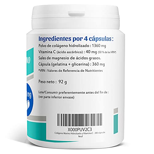 Colágeno Marino Hidrolizado y Vitamina C - 200 cápsulas
