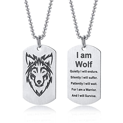 Collar de lobo de los hombres de acero inoxidable : etiqueta de perro negro y plata lobo vikingo cadena de los hombres con 60 cm de la caja de la cadena de collar de etiqueta de perro