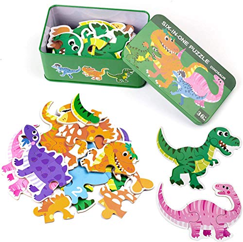 Comius Sharp Puzzle de Madera, 6 Pack Rompecabezas Puzzle Juguetes Bebes para Niños de 1 2 3 4 5 Años Montessori Educativos Regalos 3D Patrón Puzles con Caja de Rompecabezas de Metal (Dinosaur)