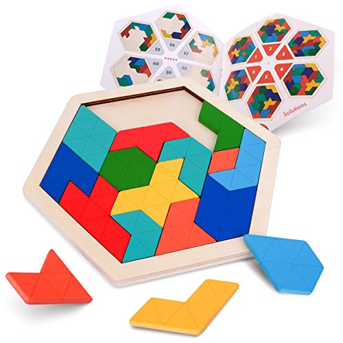 Coogam Rompecabezas de Madera para niños - Patrón de Forma Hexagonal Tetris Bloque Tangram Lógica IQ Juego Stem Montessori Regalo de Juguete de desafío para la Mente para Adolescentes