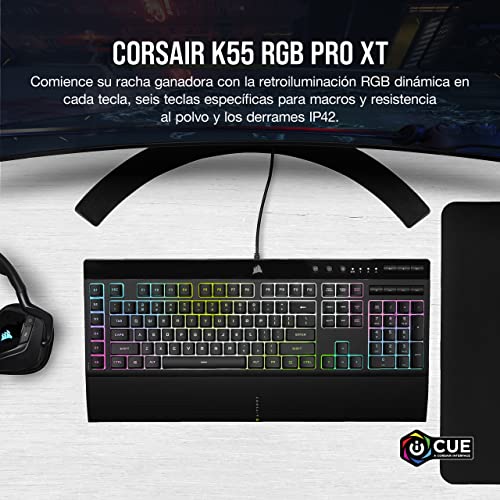 Corsair K55 RGB PRO XT Teclado para Juegos con Teclas de Membrana, Retroiluminación RGB Dinámica, 6 Teclas Macro con Integración el Software Elgato, Resistencia al Polvo y los Derrames, QWERTY, Negro