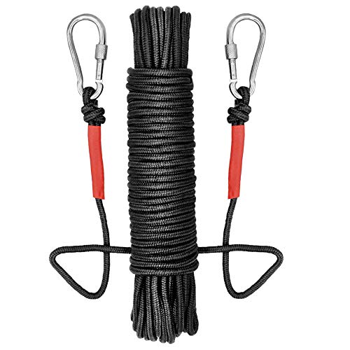 Cuerda – 20m de Largo, 6mm / 8mm de Diámetro - Cuerda de Tejiendo con 2 Mosquetón, 150kg / 250kg Multiusos Cuerda de Pesca para Usos al Aire Libre, Camping Rescate Incendios (8mm de Diámetro, Negro)