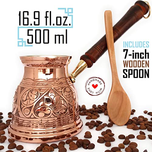 DEDE Copper -2020- Serie IST (XLarge-16 fl oz) - Olla de café árabe griego turco grabado y martillado con mango de madera, cafetera para estufa Cezve, Jezve, Jazva, Ibrik, Briki