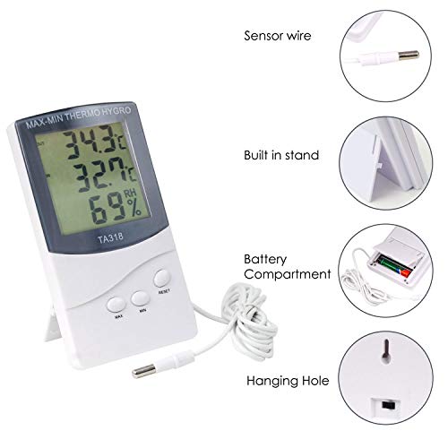 DIGIFLEX Termómetro Digital para Interior y Exterior con 2 Sensores de Alarma para Tiempo y Temperatura - da