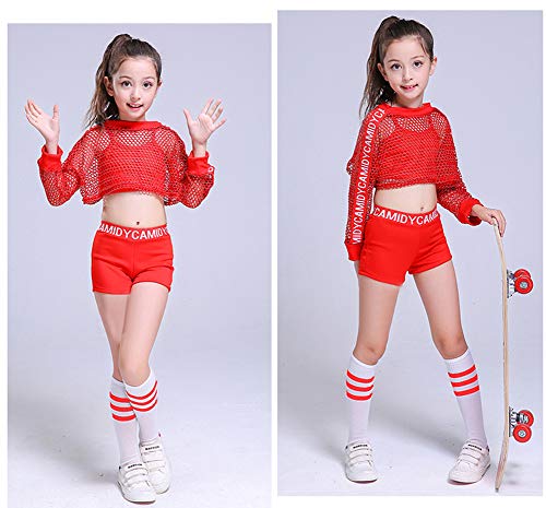 Disfraz de Hip Hop para niños de 5 Piezas, Ropa de Baile de Jazz Moderno para niñas, Conjunto de Pantalones Cortos de Verano, Rojo, 150
