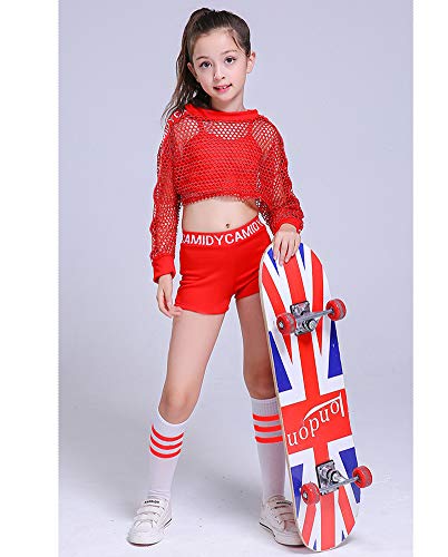 Disfraz de Hip Hop para niños de 5 Piezas, Ropa de Baile de Jazz Moderno para niñas, Conjunto de Pantalones Cortos de Verano, Rojo, 150